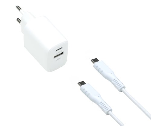 Adaptador de carga USB PD/QC 3.0 incl. cable C-C, blanco 20 W, 3,6 V~5,9 V/3 A; 6~9 V/2 A; 9 V~12 V/1,5 A